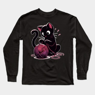 Cat and knitting kawaii cat with yarn ball Long Sleeve T-Shirt